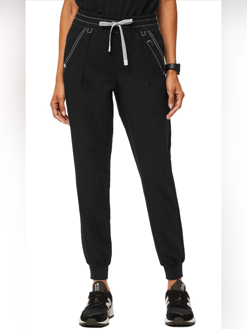 Figs Tatu High Waisted Petite Black Jogger Scrub Pants with Grey Drawstring